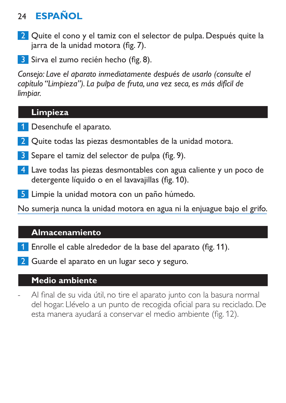 Limpieza, Almacenamiento, Medio ambiente | Garantía y servicio | Philips Viva Collection Exprimidor User Manual | Page 24 / 60