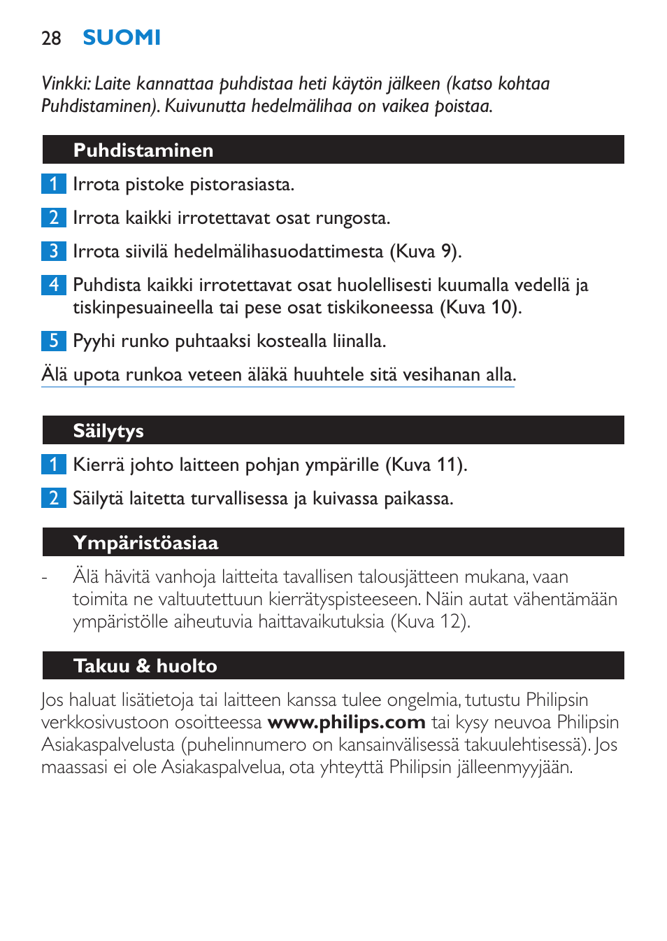 Puhdistaminen, Säilytys, Ympäristöasiaa | Takuu & huolto | Philips Viva Collection Exprimidor User Manual | Page 28 / 60