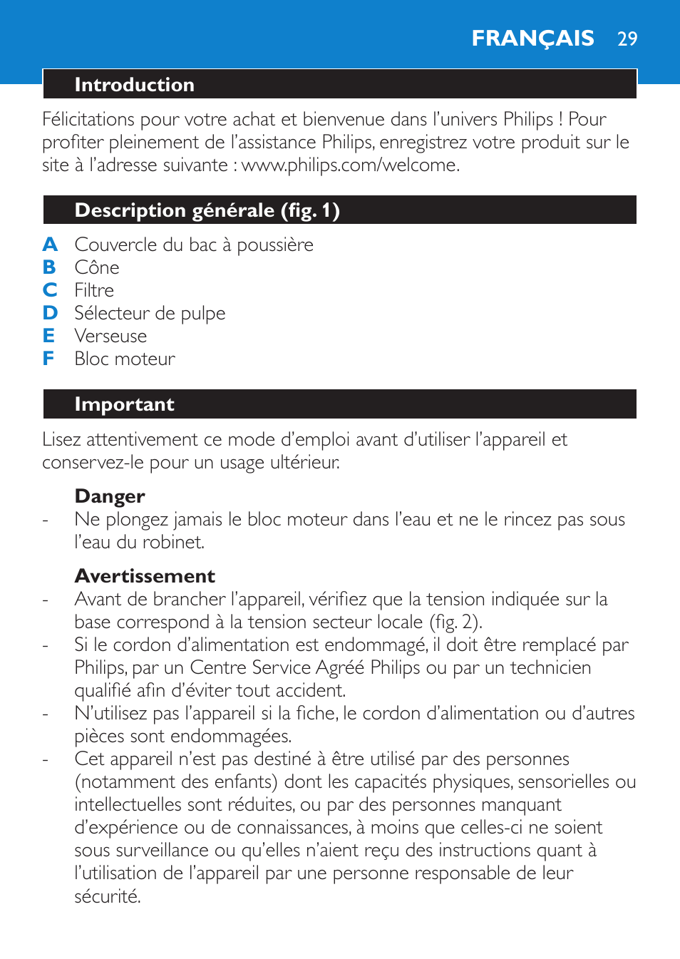 Danger, Avertissement, Français | Introduction, Description générale (fig. 1), Important | Philips Viva Collection Exprimidor User Manual | Page 29 / 60