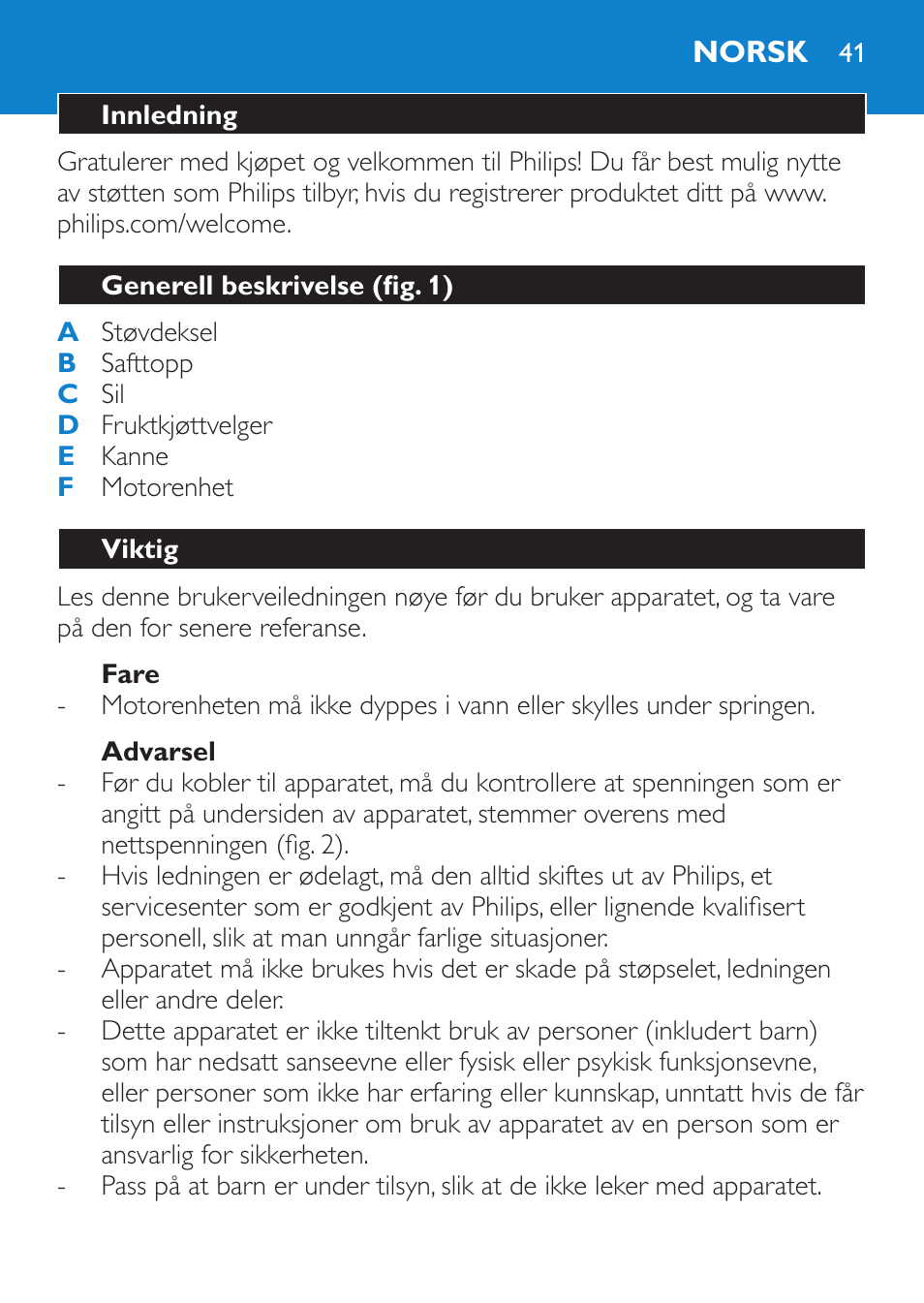 Fare, Advarsel, Norsk | Innledning, Generell beskrivelse (fig. 1), Viktig | Philips Viva Collection Exprimidor User Manual | Page 41 / 60