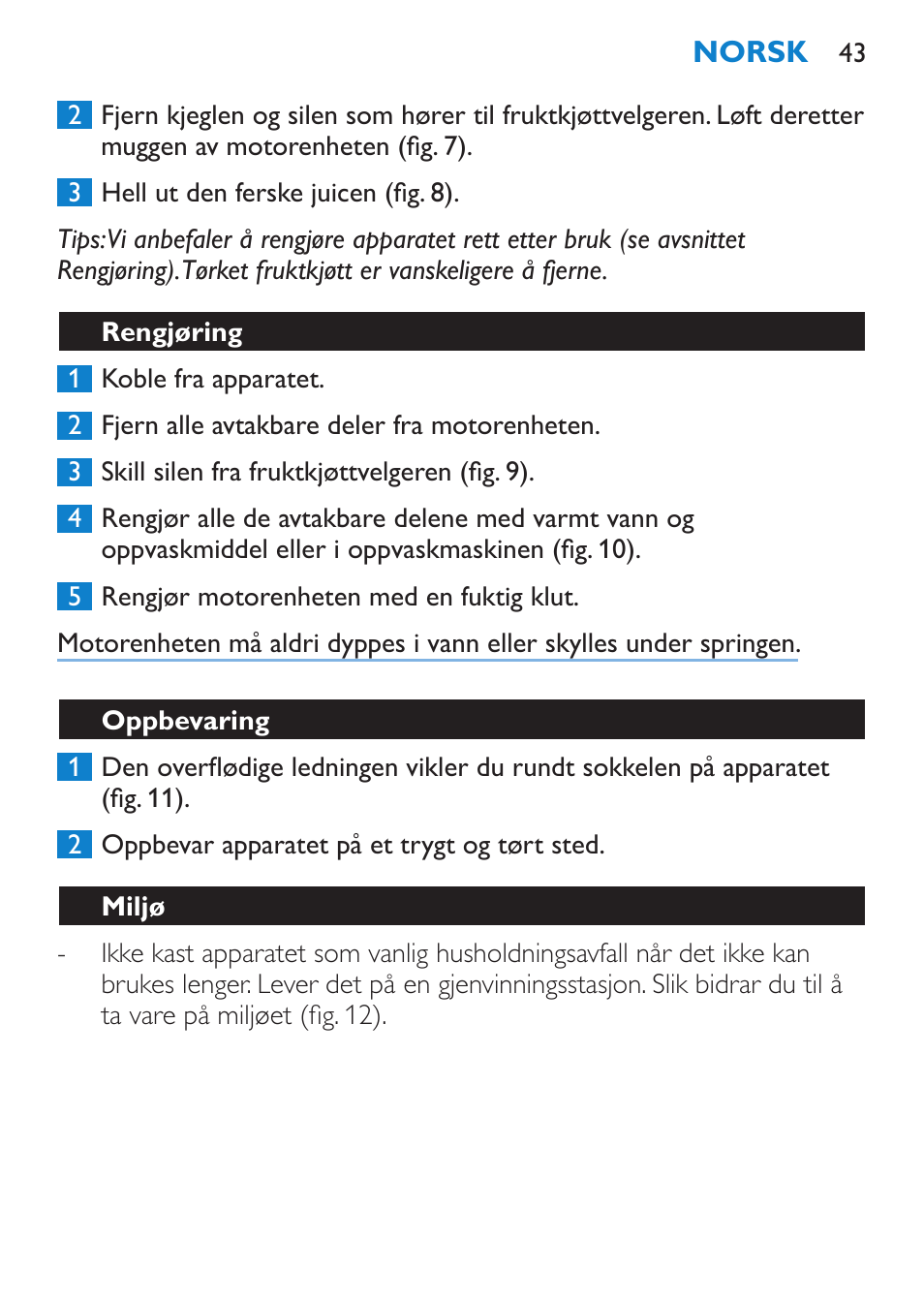 Rengjøring, Oppbevaring, Miljø | Garanti og service | Philips Viva Collection Exprimidor User Manual | Page 43 / 60