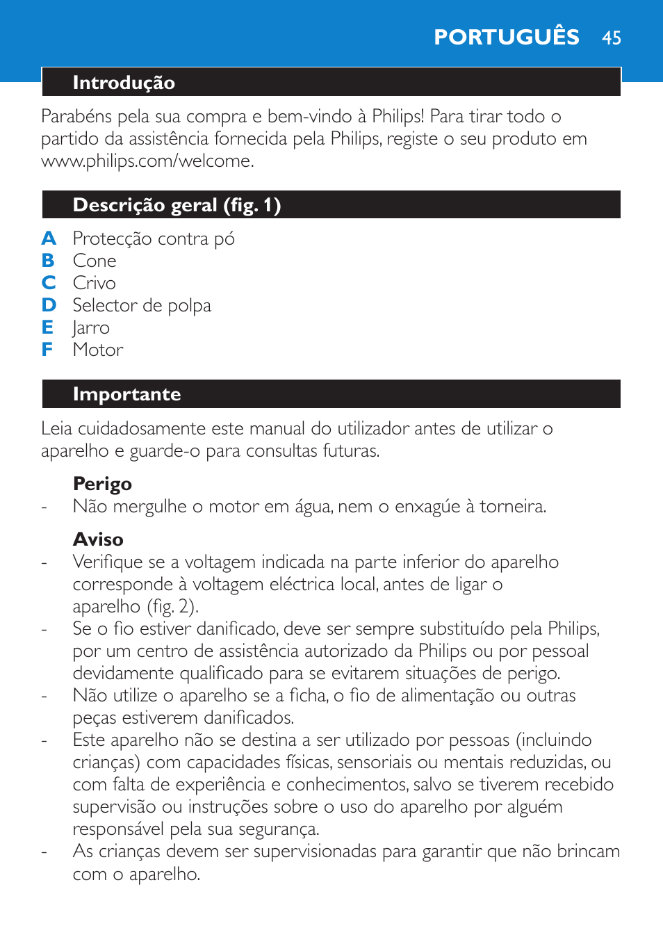 Perigo, Aviso, Português | Introdução, Descrição geral (fig. 1), Importante | Philips Viva Collection Exprimidor User Manual | Page 45 / 60