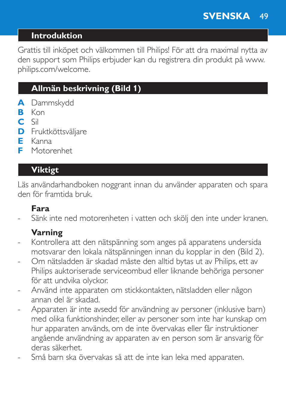 Fara, Varning, Svenska | Introduktion, Allmän beskrivning (bild 1), Viktigt | Philips Viva Collection Exprimidor User Manual | Page 49 / 60