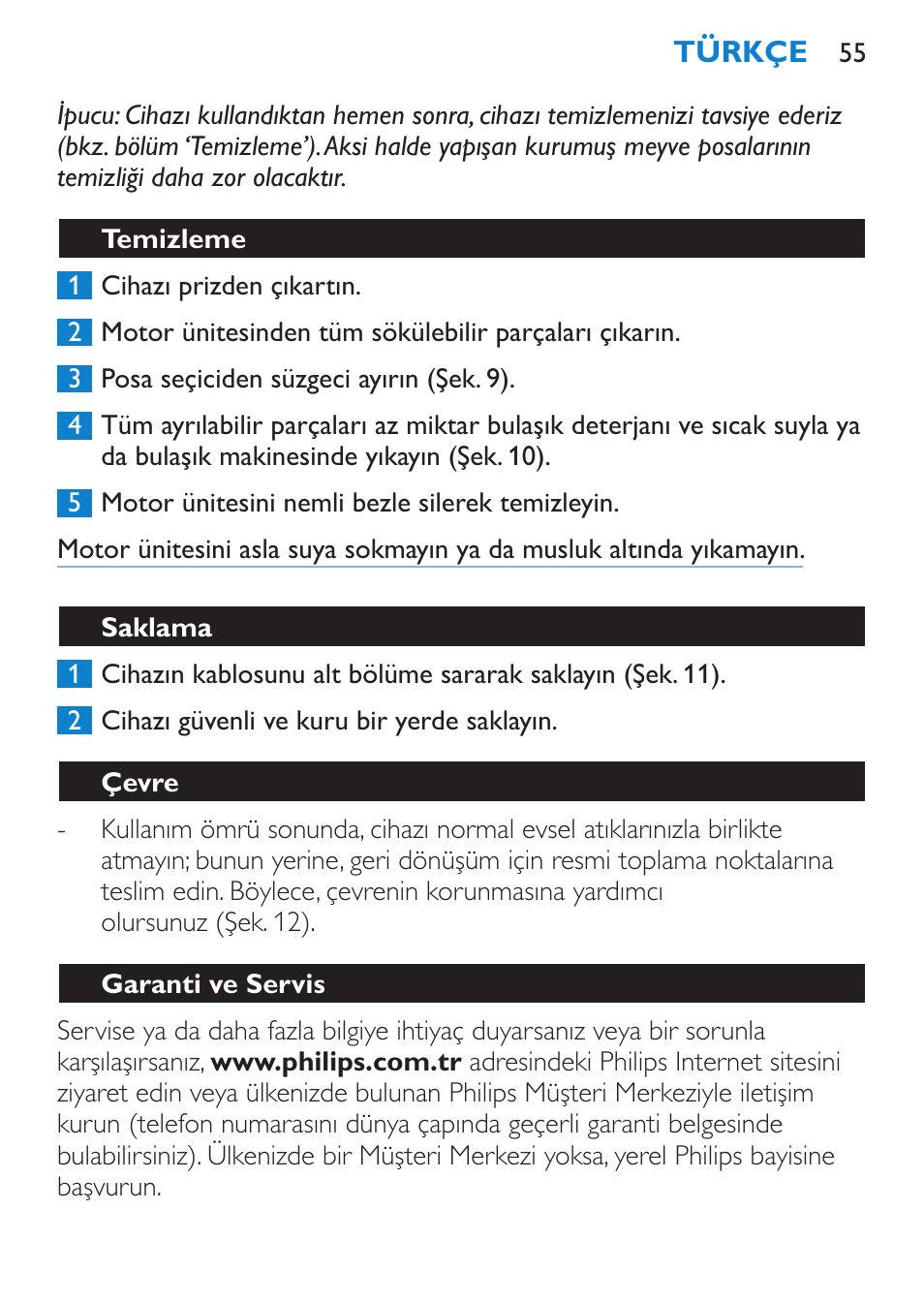 Temizleme, Saklama, Çevre | Garanti ve servis | Philips Viva Collection Exprimidor User Manual | Page 55 / 60