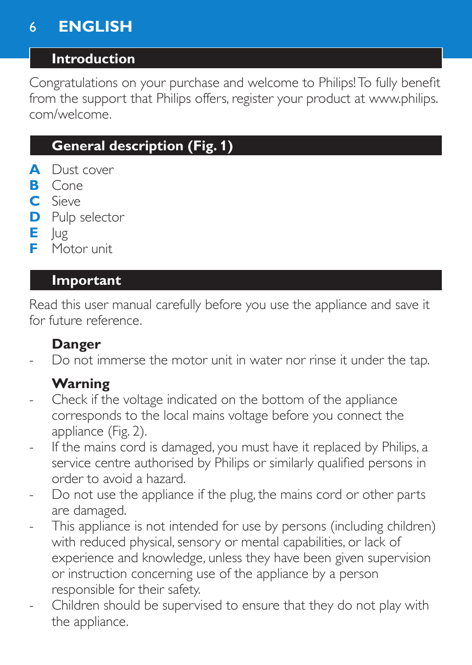 English, Introduction, General description (fig. 1) | Important, Danger, Warning | Philips Viva Collection Exprimidor User Manual | Page 6 / 60