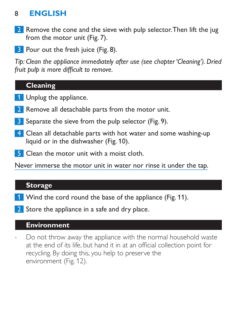 Cleaning, Storage, Environment | Guarantee & service | Philips Viva Collection Exprimidor User Manual | Page 8 / 60