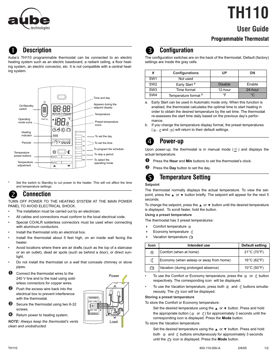 Aube Technologies TH110 User Manual | 2 pages