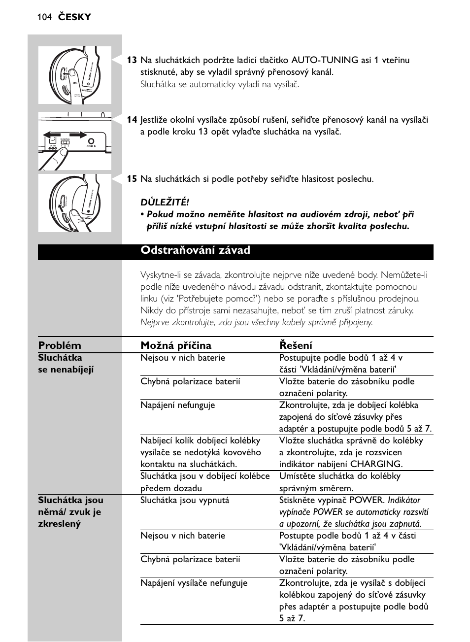 Odstraňování závad | Philips Auricular Hi-Fi inalámbrico User Manual | Page 104 / 150