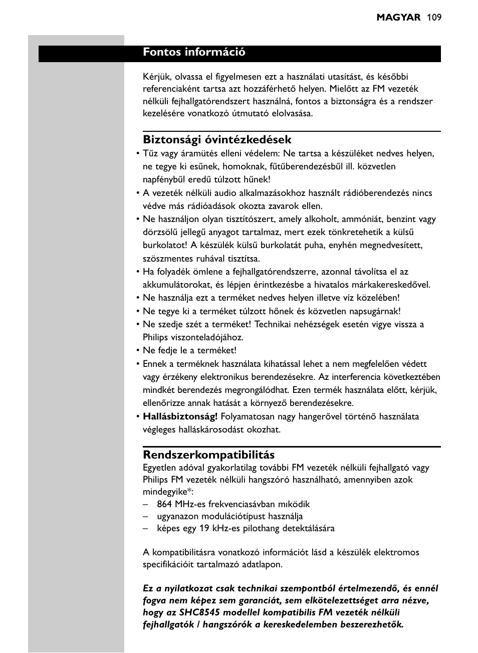 Fontos információ, Biztonsági óvintézkedések, Rendszerkompatibilitás | Philips Auricular Hi-Fi inalámbrico User Manual | Page 109 / 150