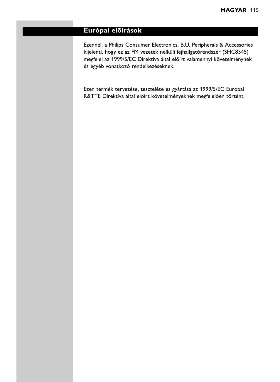 Európai elõírások | Philips Auricular Hi-Fi inalámbrico User Manual | Page 115 / 150