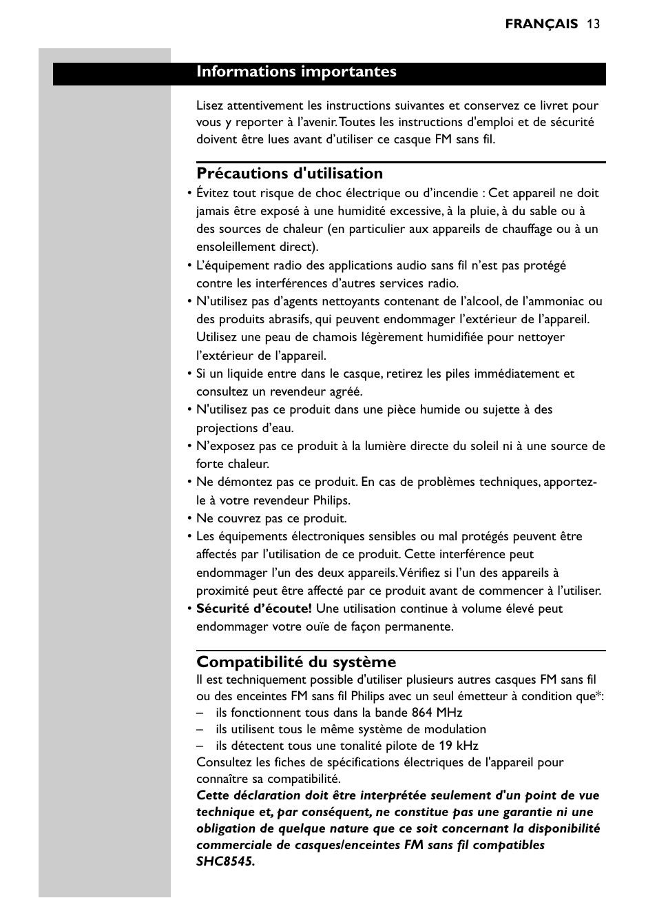 Informations importantes, Précautions d'utilisation, Compatibilité du système | Philips Auricular Hi-Fi inalámbrico User Manual | Page 13 / 150