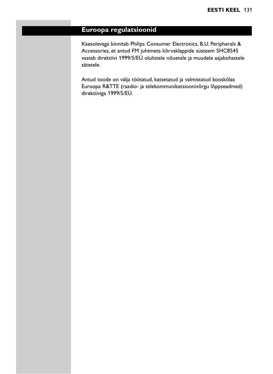 Euroopa regulatsioonid | Philips Auricular Hi-Fi inalámbrico User Manual | Page 131 / 150