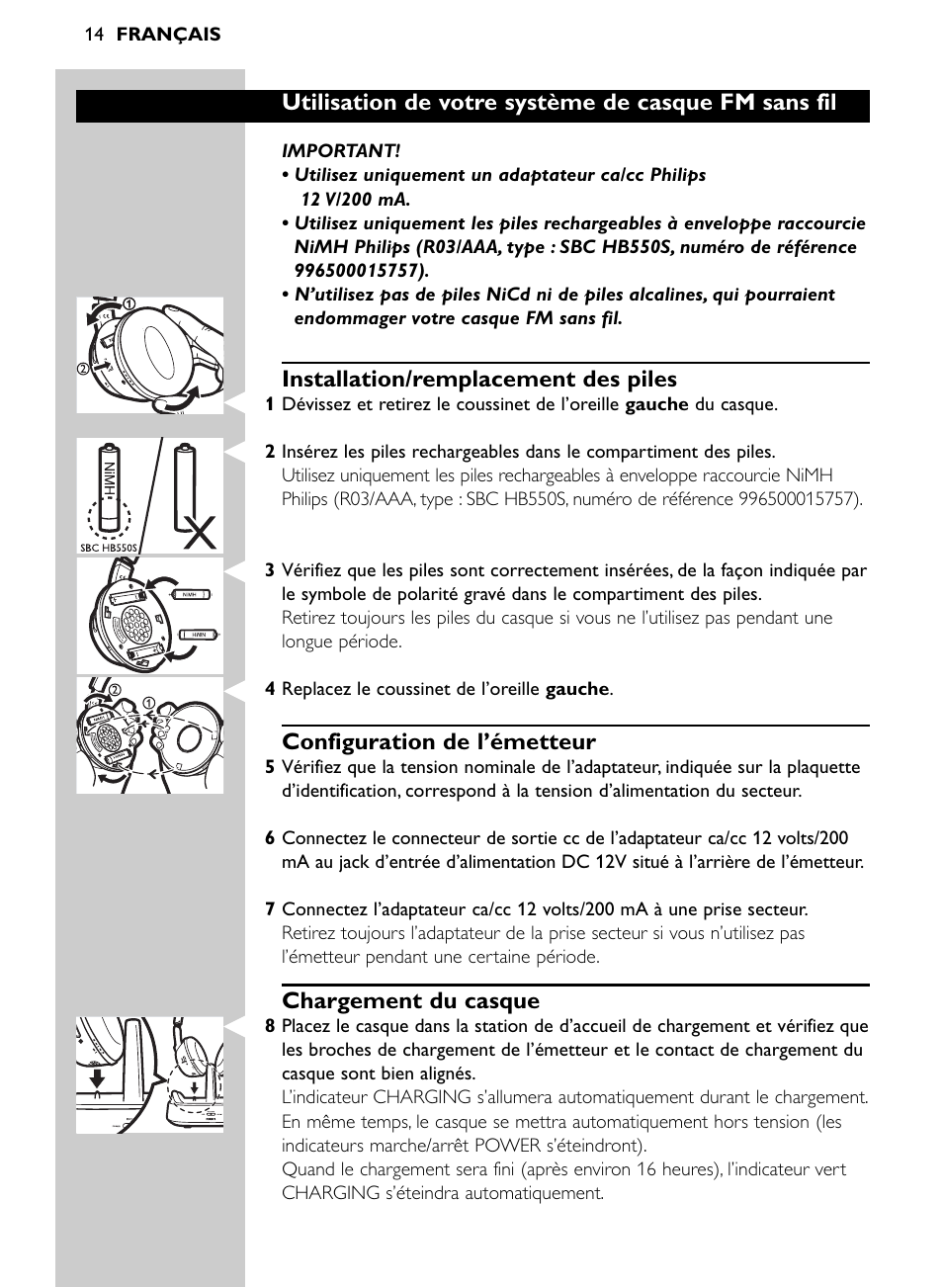 Utilisation de votre système de casque fm sans fil, Installation/remplacement des piles, Configuration de l’émetteur | Chargement du casque | Philips Auricular Hi-Fi inalámbrico User Manual | Page 14 / 150