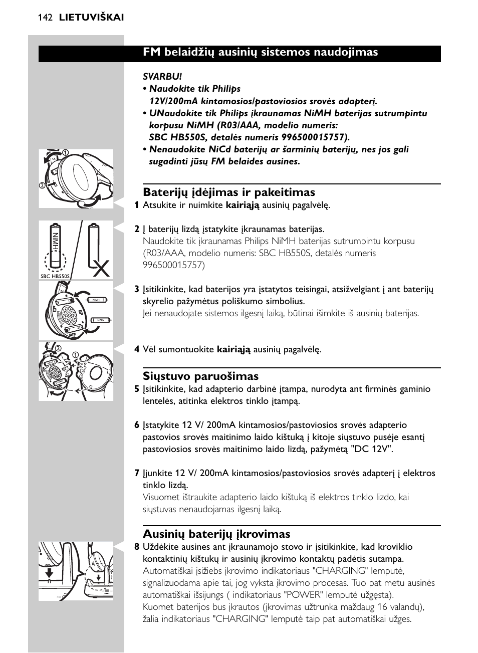 Fm belaidžių ausinių sistemos naudojimas, Baterijų įdėjimas ir pakeitimas, Siųstuvo paruošimas | Ausinių baterijų įkrovimas | Philips Auricular Hi-Fi inalámbrico User Manual | Page 142 / 150