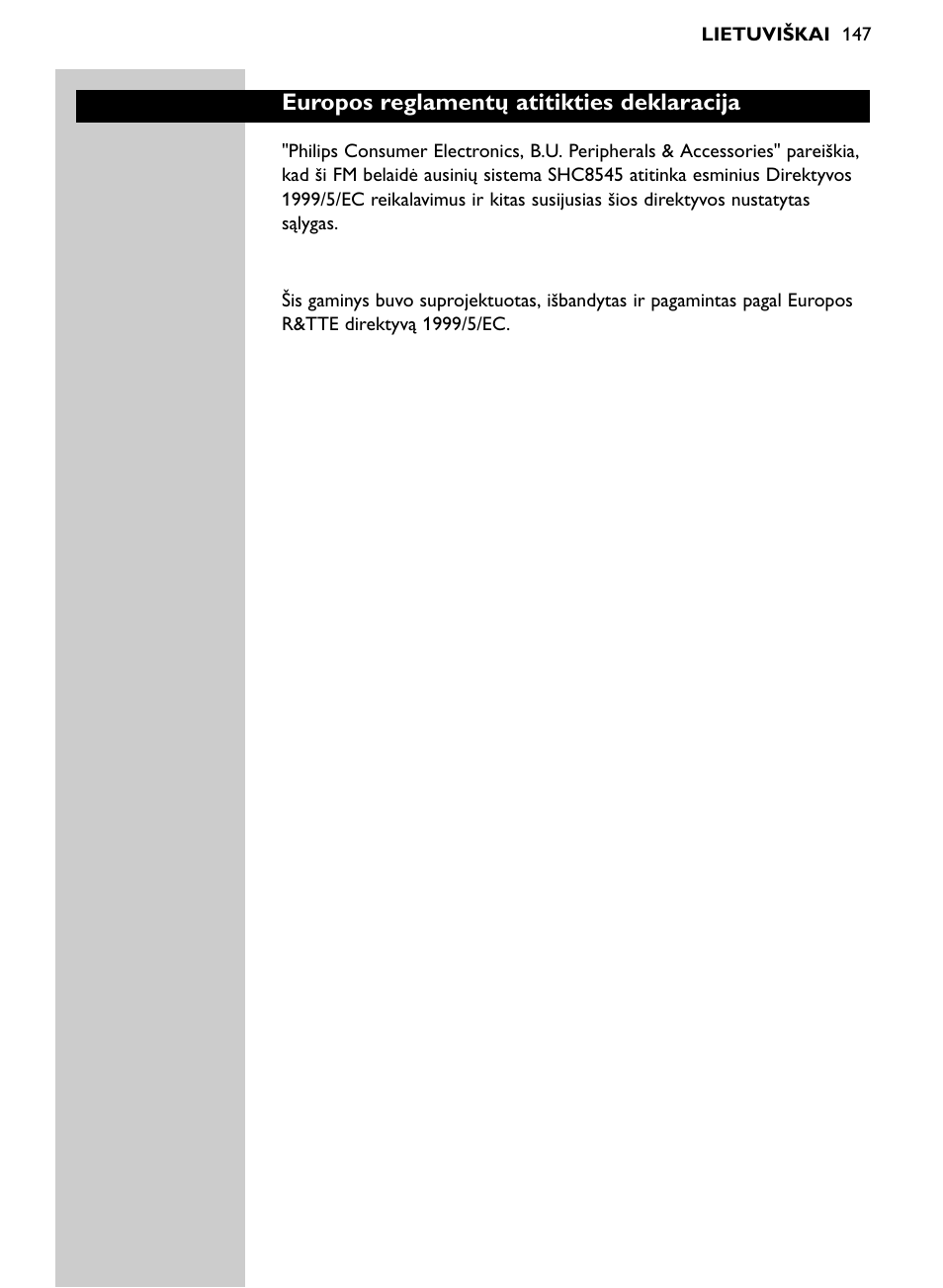 Europos reglamentų atitikties deklaracija | Philips Auricular Hi-Fi inalámbrico User Manual | Page 147 / 150