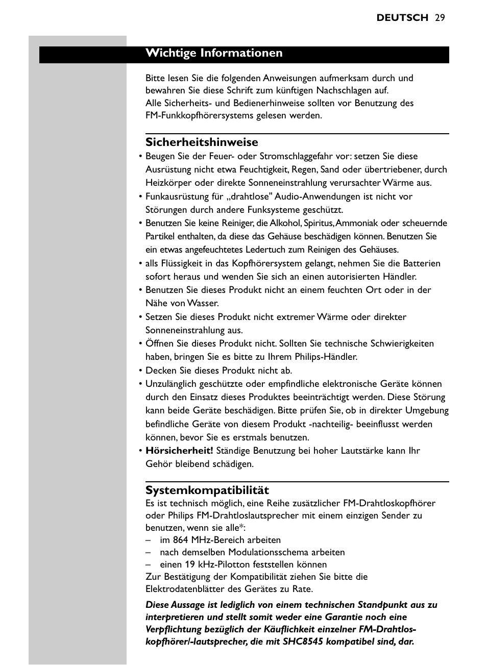 Wichtige informationen, Sicherheitshinweise, Systemkompatibilität | Philips Auricular Hi-Fi inalámbrico User Manual | Page 29 / 150