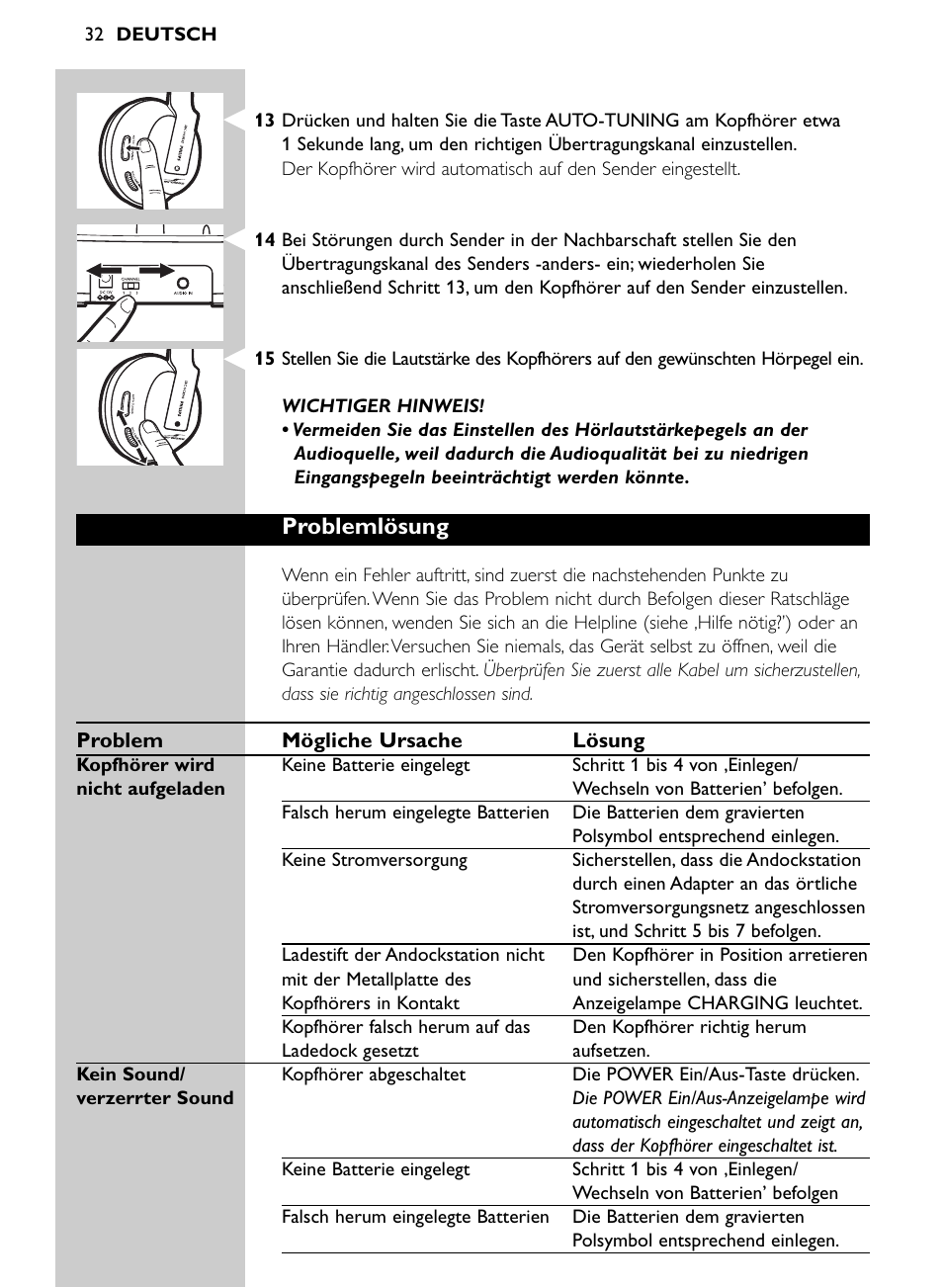 Problemlösung | Philips Auricular Hi-Fi inalámbrico User Manual | Page 32 / 150