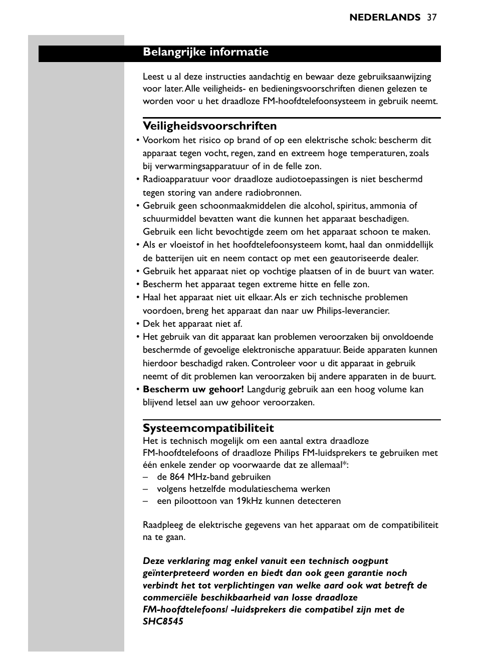 Belangrijke informatie, Veiligheidsvoorschriften, Systeemcompatibiliteit | Philips Auricular Hi-Fi inalámbrico User Manual | Page 37 / 150