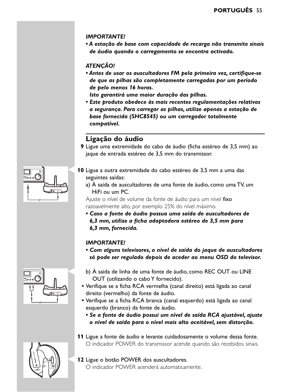 Ligação do áudio | Philips Auricular Hi-Fi inalámbrico User Manual | Page 55 / 150