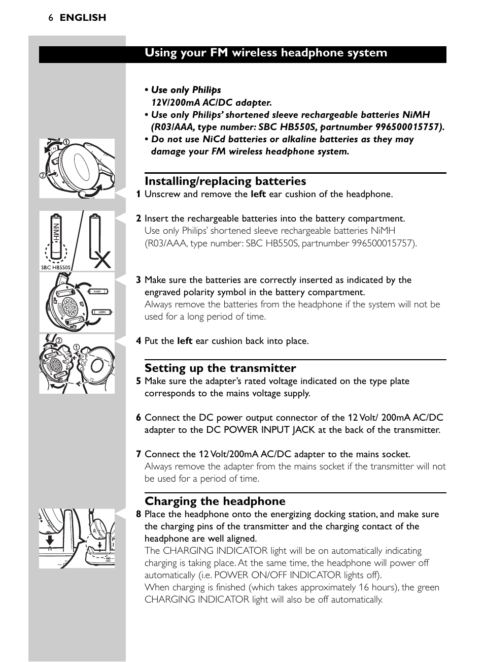 Using your fm wireless headphone system, Installing/replacing batteries, Setting up the transmitter | Charging the headphone | Philips Auricular Hi-Fi inalámbrico User Manual | Page 6 / 150