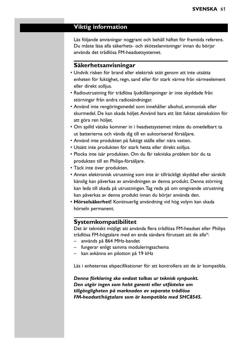 Viktig information, Säkerhetsanvisningar, Systemkompatibilitet | Philips Auricular Hi-Fi inalámbrico User Manual | Page 61 / 150