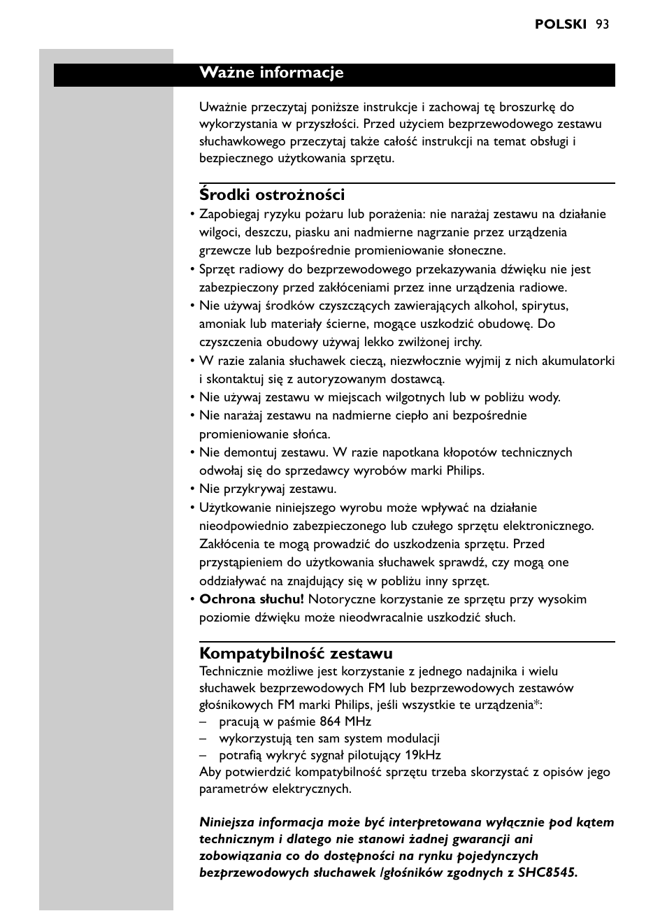 Ważne informacje, Środki ostrożności, Kompatybilność zestawu | Philips Auricular Hi-Fi inalámbrico User Manual | Page 93 / 150