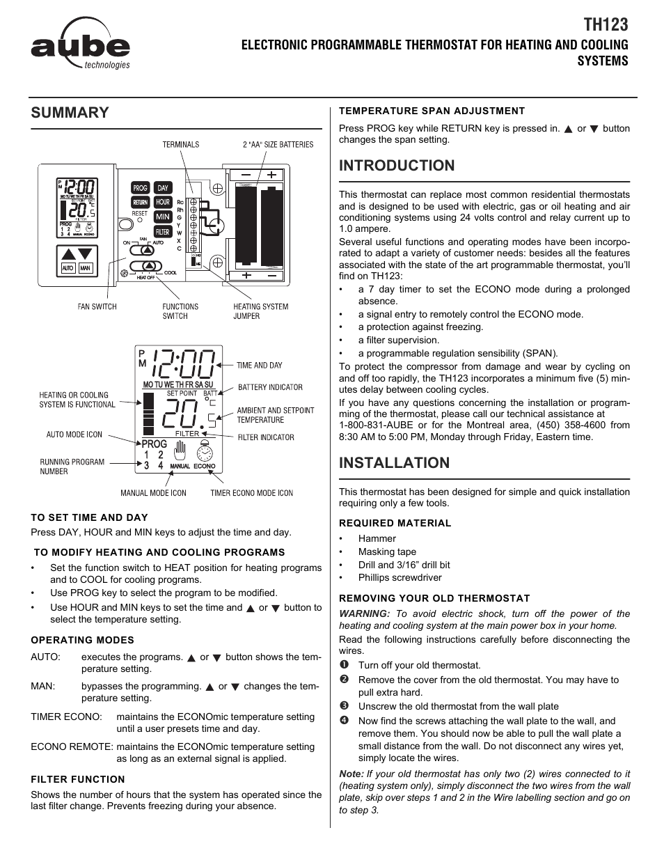 Aube Technologies TH123 User Manual | 4 pages