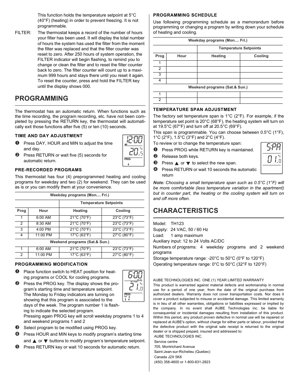 Programming, Characteristics | Aube Technologies TH123 User Manual | Page 4 / 4