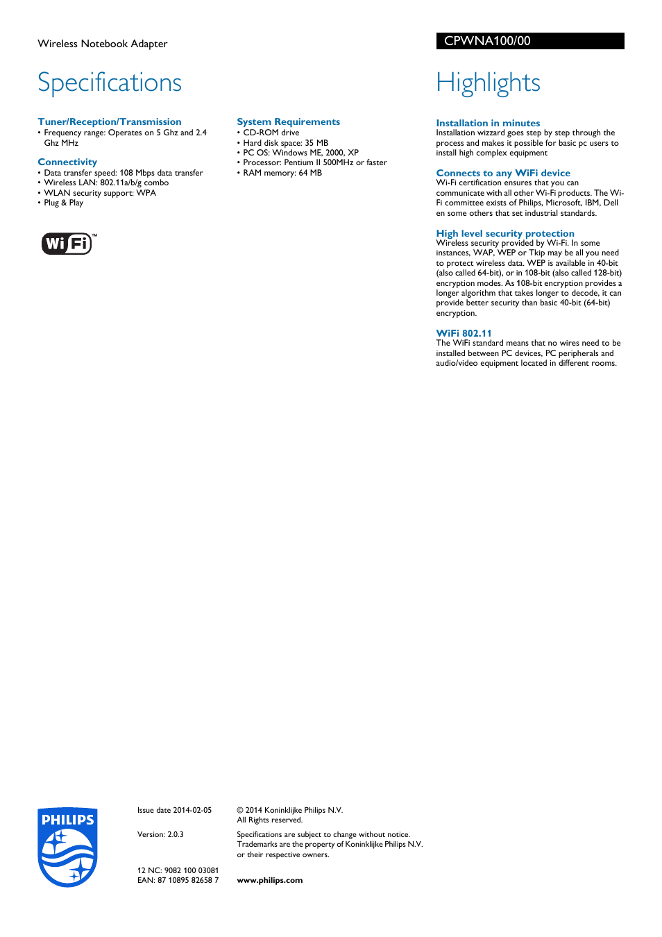 Specifications, Highlights | Philips CPWNA100 User Manual | Page 2 / 2