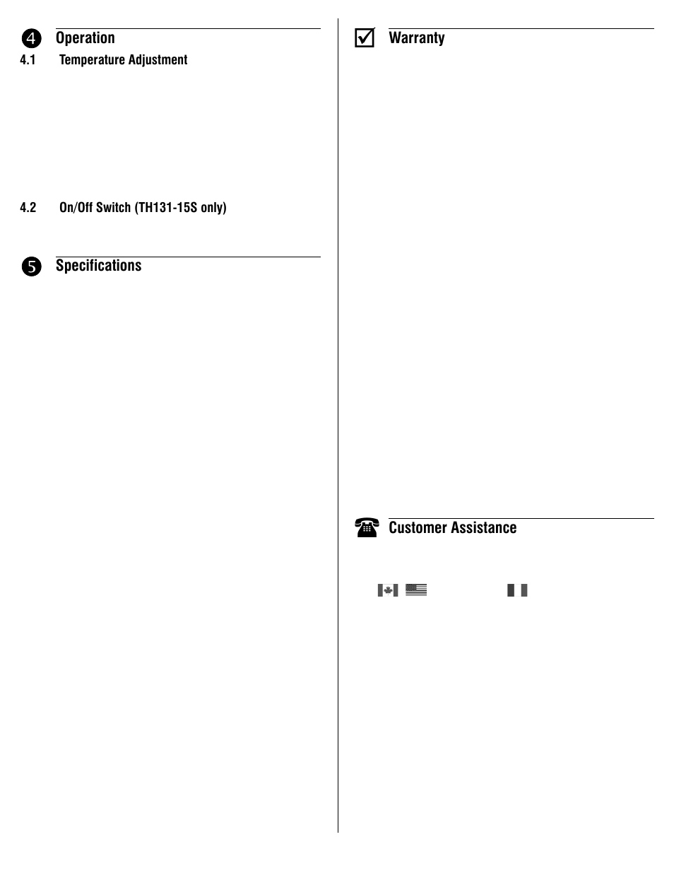 Operation, Specifications, Warranty | Customer assistance | Aube Technologies TH133-15S User Manual | Page 2 / 3