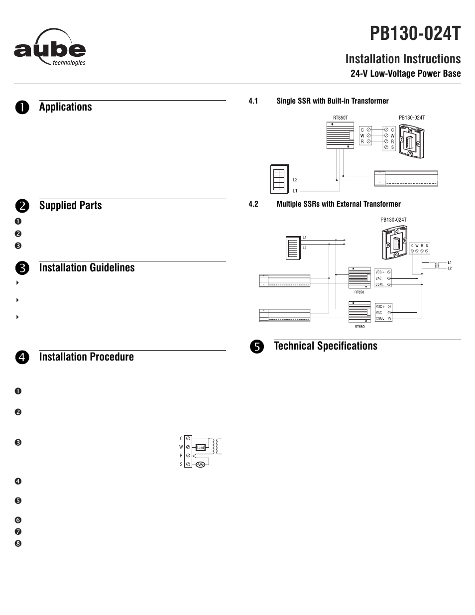 Installation instructions, Applications, Supplied parts | Installation guidelines, Installation procedure, Technical specifications | Aube Technologies TH133-15S User Manual | Page 3 / 3