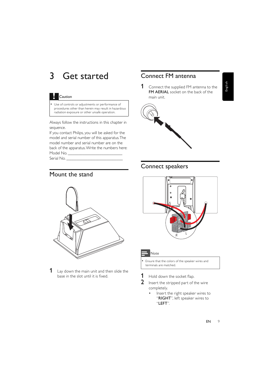 3 get started, Mount the stand 1, Connect fm antenna 1 | Connect speakers | Philips Elegante microcadena User Manual | Page 10 / 192