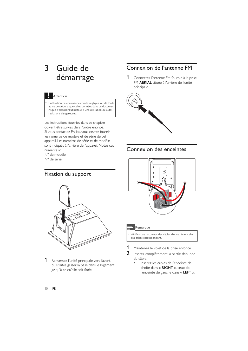 3 guide de démarrage, Fixation du support 1, Connexion de l’antenne fm 1 | Connexion des enceintes | Philips Elegante microcadena User Manual | Page 106 / 192