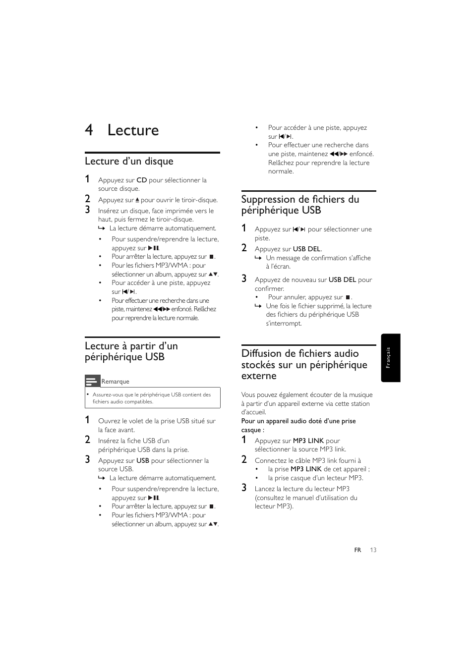 4 lecture, Lecture d’un disque 1, Lecture à partir d’un périphérique usb | Suppression de ﬁ chiers du périphérique usb 1 | Philips Elegante microcadena User Manual | Page 109 / 192