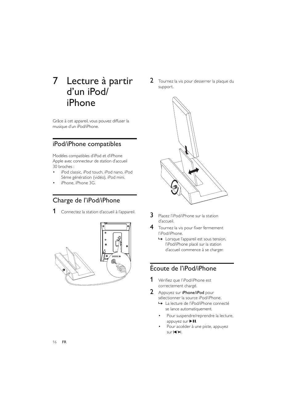 7 lecture à partir d’un ipod/ iphone, Ipod/iphone compatibles, Charge de l’ipod/iphone 1 | Écoute de l’ipod/iphone 1 | Philips Elegante microcadena User Manual | Page 112 / 192