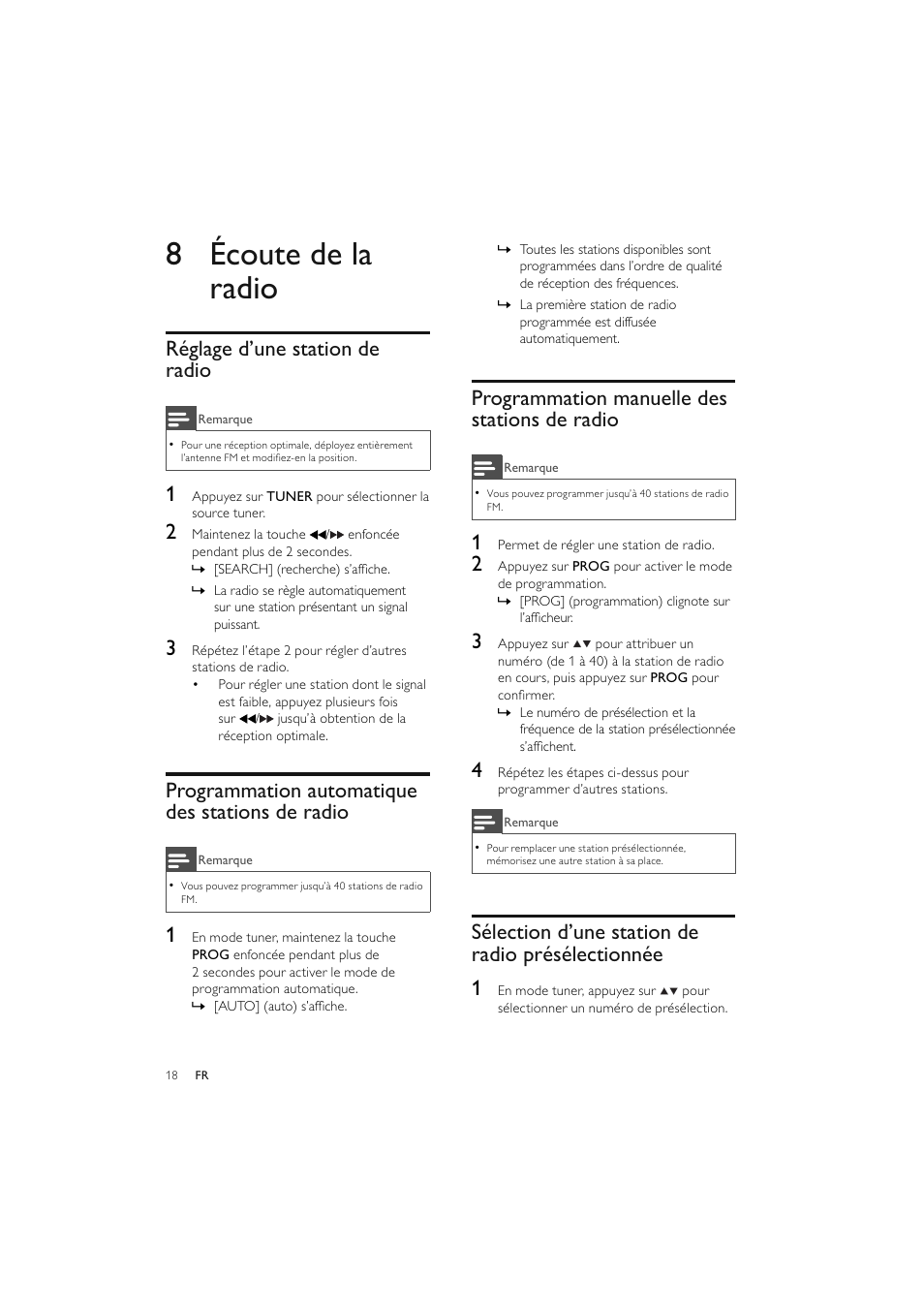 8 écoute de la radio, Réglage d’une station de radio, Programmation automatique des stations de radio | Programmation manuelle des stations de radio, Sélection d’une station de radio présélectionnée 1 | Philips Elegante microcadena User Manual | Page 114 / 192