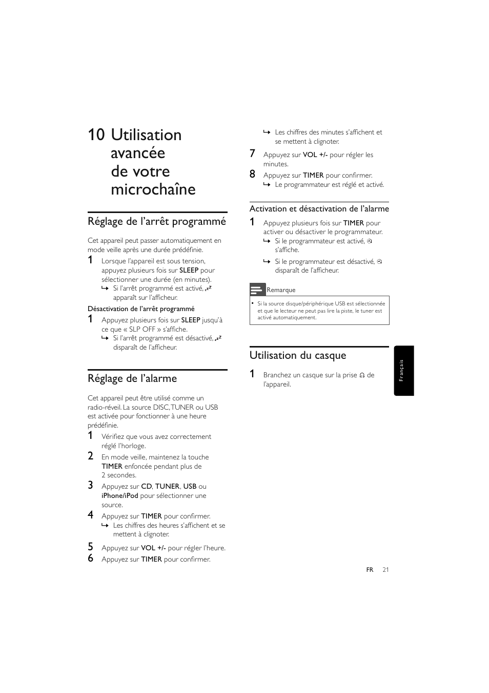 10 utilisation avancée de votre microchaîne, Réglage de l’arrêt programmé, Réglage de l’alarme | Utilisation du casque 1 | Philips Elegante microcadena User Manual | Page 117 / 192