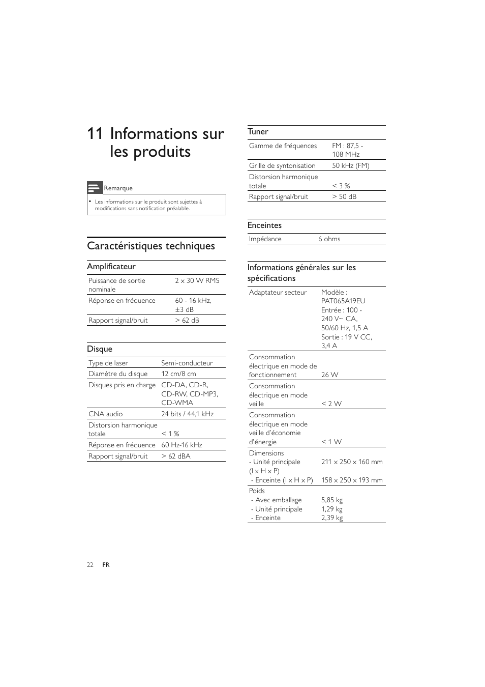 11 informations sur les produits, Caractéristiques techniques | Philips Elegante microcadena User Manual | Page 118 / 192