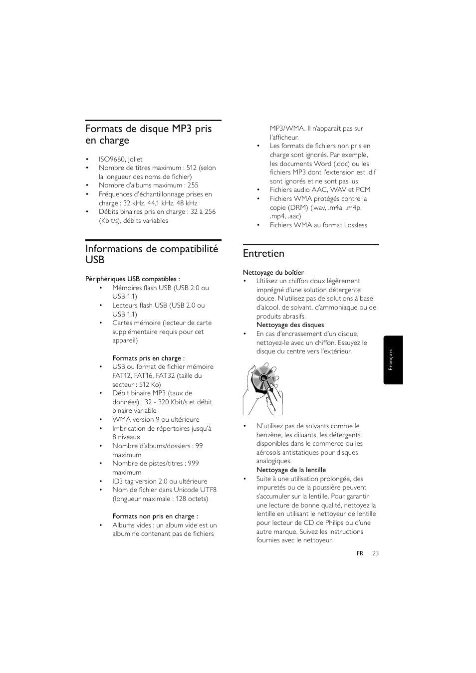 Formats de disque mp3 pris en charge, Informations de compatibilité usb, Entretien | Philips Elegante microcadena User Manual | Page 119 / 192