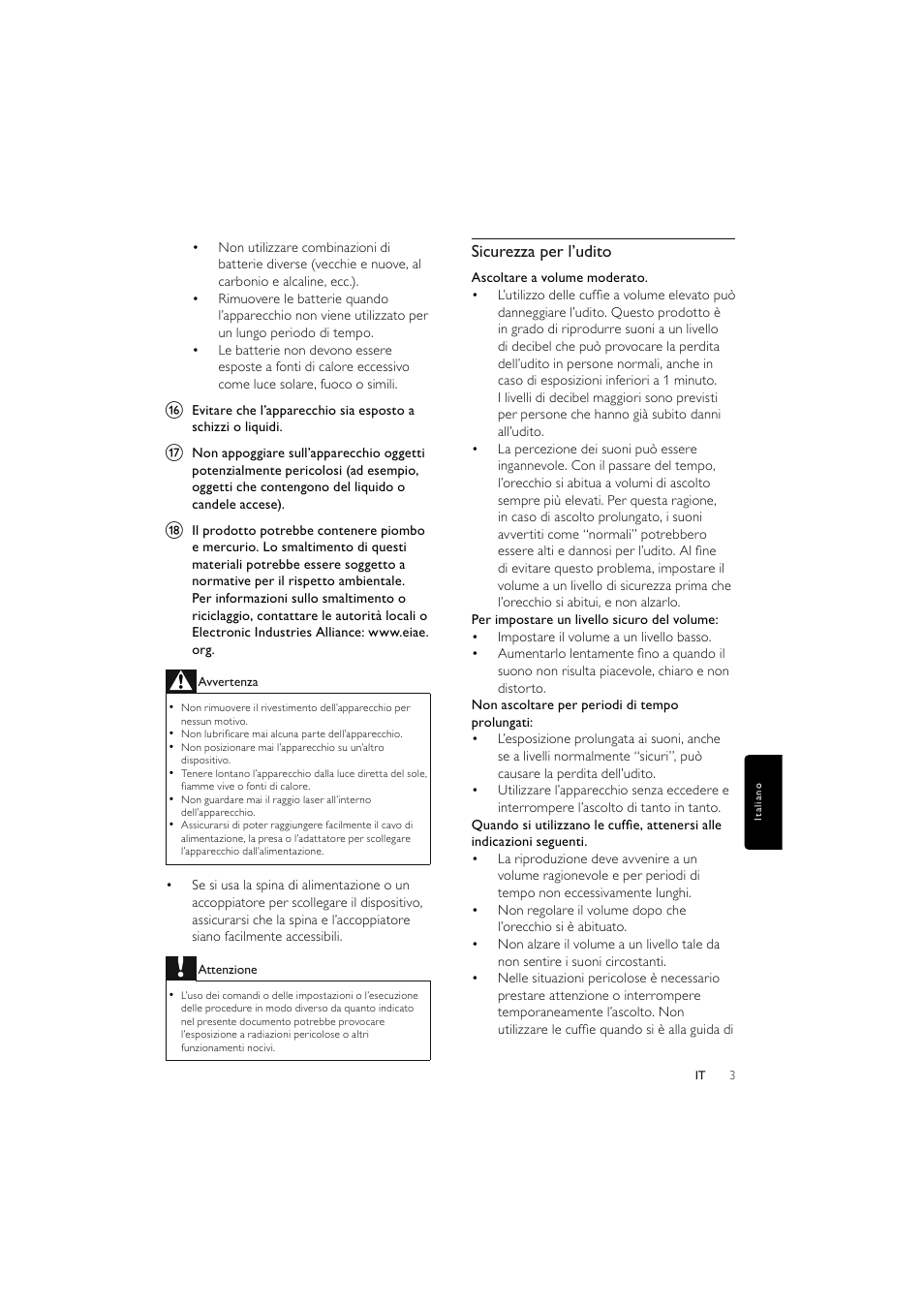 Sicurezza per l’udito | Philips Elegante microcadena User Manual | Page 123 / 192