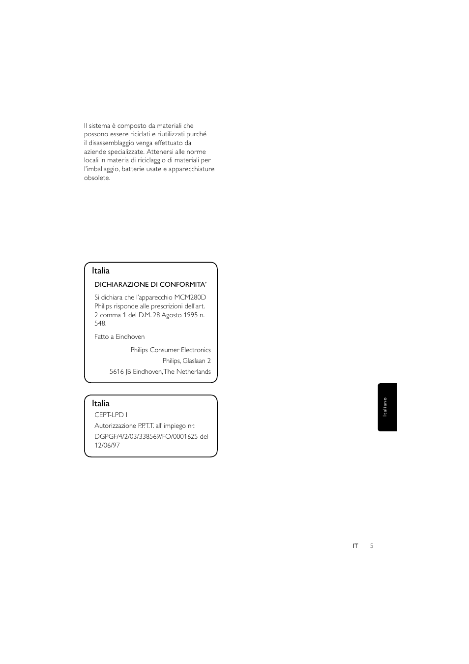 Italia | Philips Elegante microcadena User Manual | Page 125 / 192