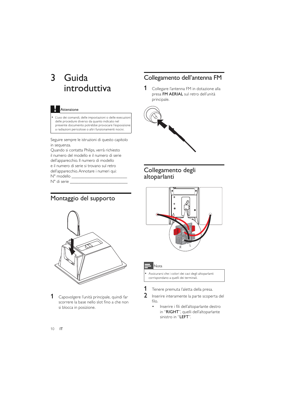 3 guida introduttiva, Montaggio del supporto 1, Collegamento dell’antenna fm 1 | Collegamento degli altoparlanti | Philips Elegante microcadena User Manual | Page 130 / 192