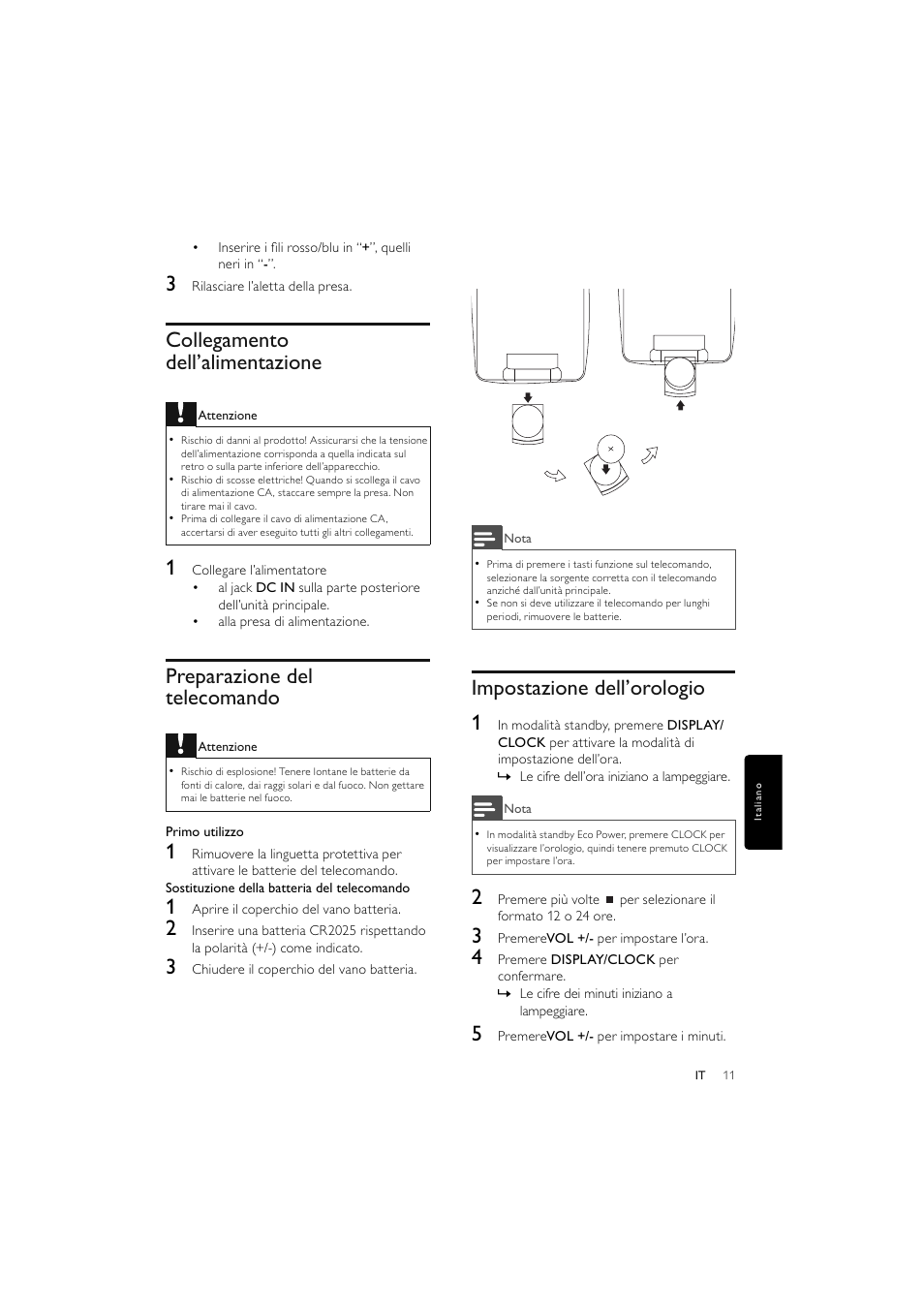 Collegamento dell’alimentazione, Preparazione del telecomando, Impostazione dell’orologio 1 | Philips Elegante microcadena User Manual | Page 131 / 192