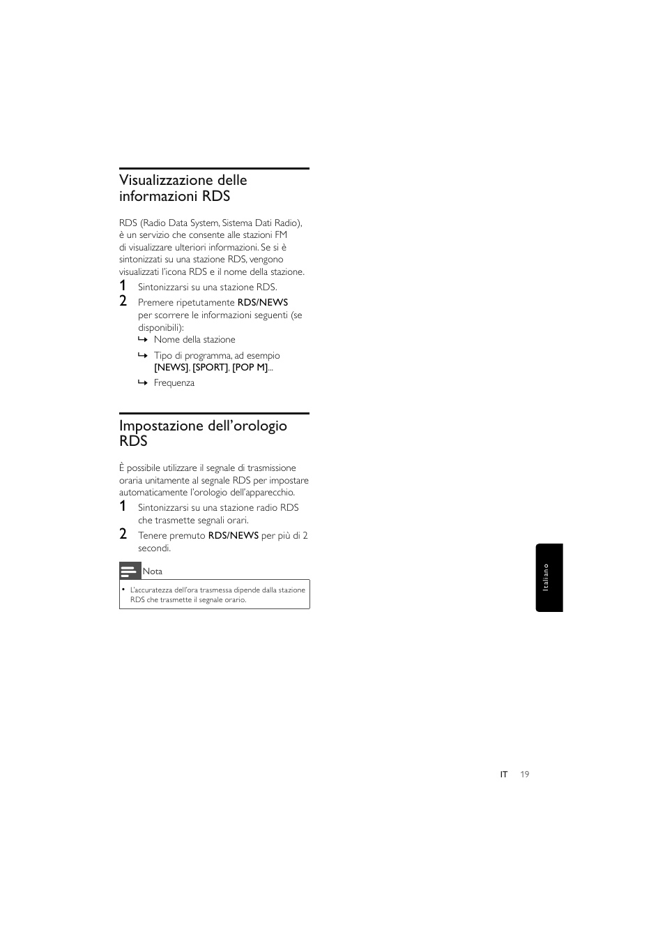 Visualizzazione delle informazioni rds, Impostazione dell’orologio rds | Philips Elegante microcadena User Manual | Page 139 / 192