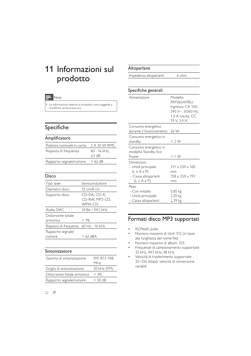 11 informazioni sul prodotto, Speciﬁ che, Formati disco mp3 supportati | Philips Elegante microcadena User Manual | Page 142 / 192