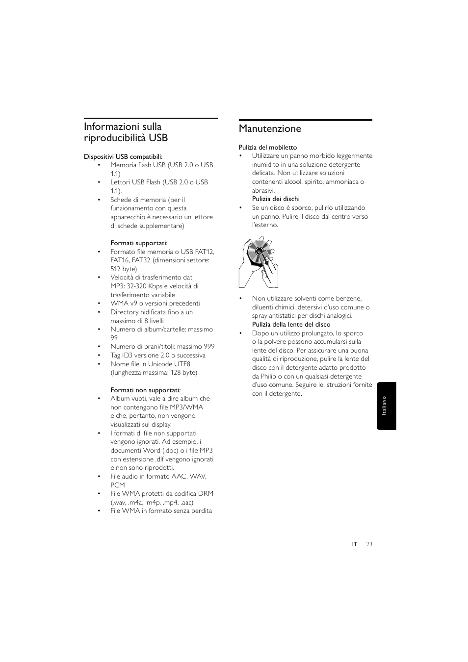 Manutenzione, Informazioni sulla riproducibilità usb | Philips Elegante microcadena User Manual | Page 143 / 192