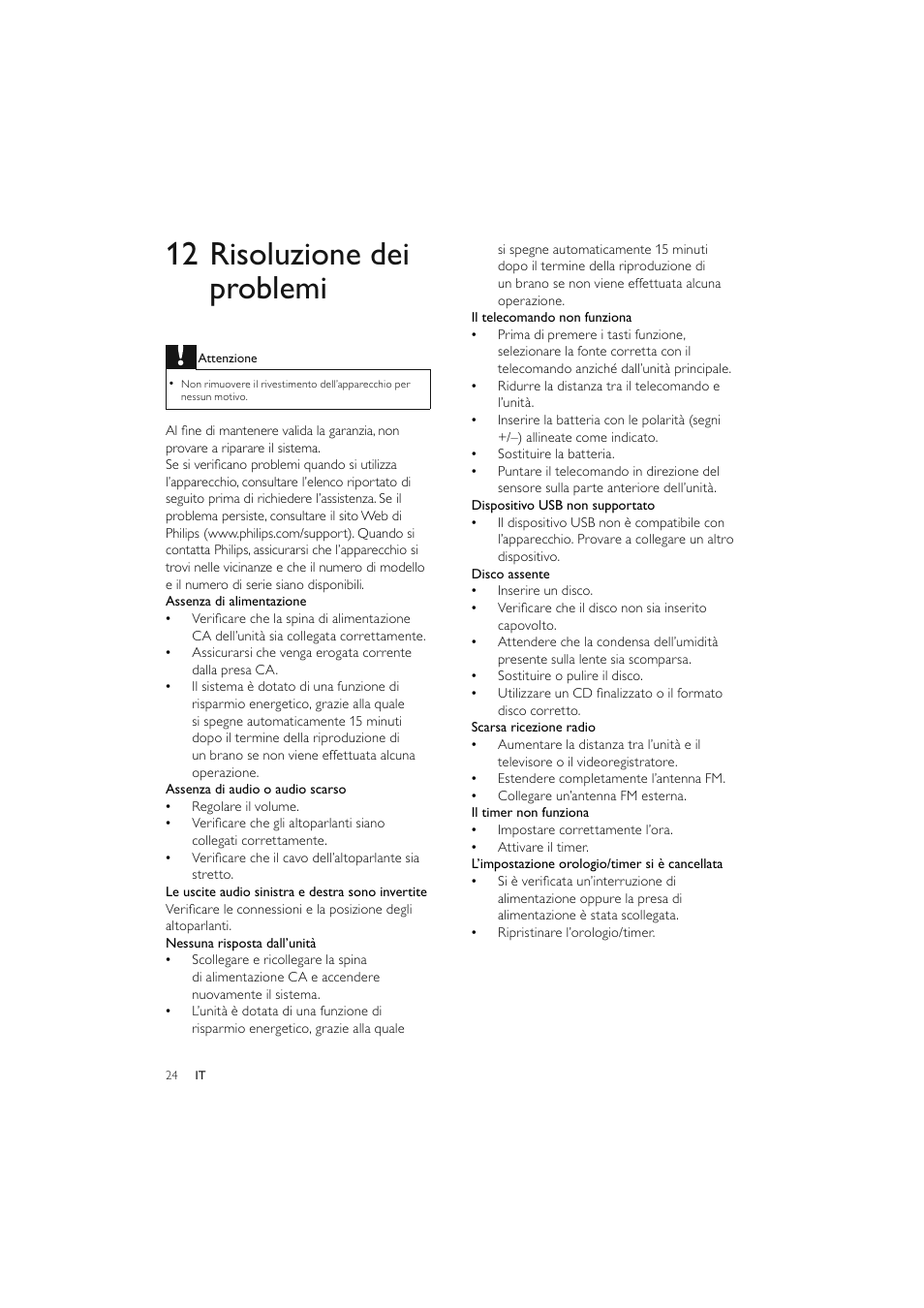 12 risoluzione dei problemi | Philips Elegante microcadena User Manual | Page 144 / 192