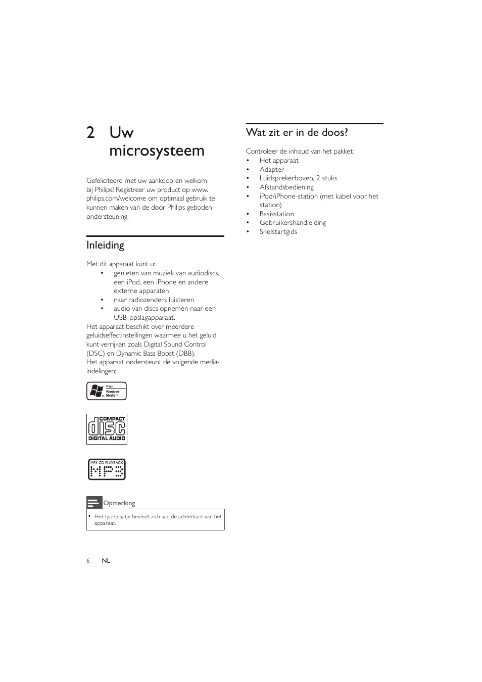 2 uw microsysteem, Inleiding, Wat zit er in de doos | Philips Elegante microcadena User Manual | Page 150 / 192