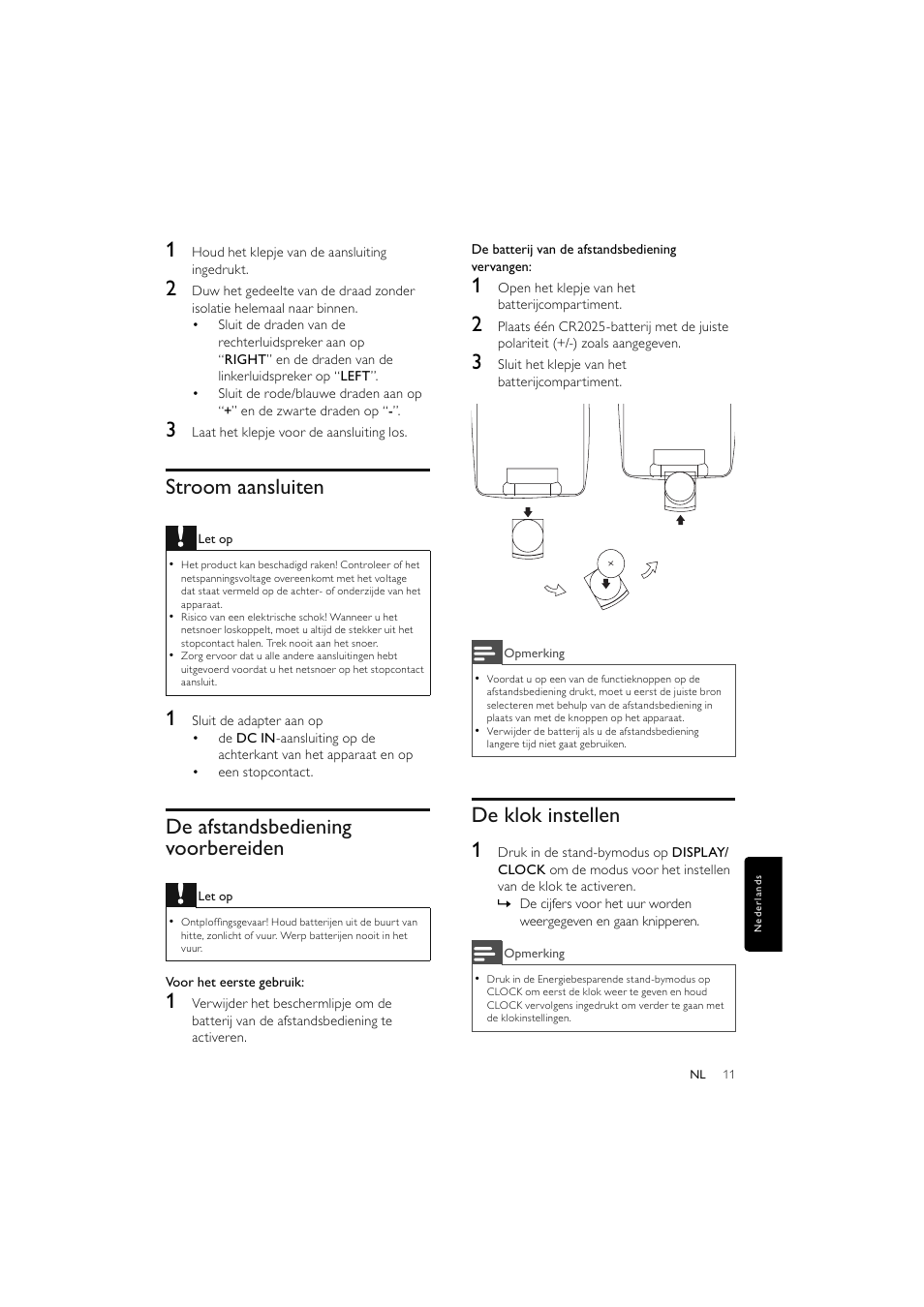 Stroom aansluiten, De afstandsbediening voorbereiden, De klok instellen 1 | Philips Elegante microcadena User Manual | Page 155 / 192