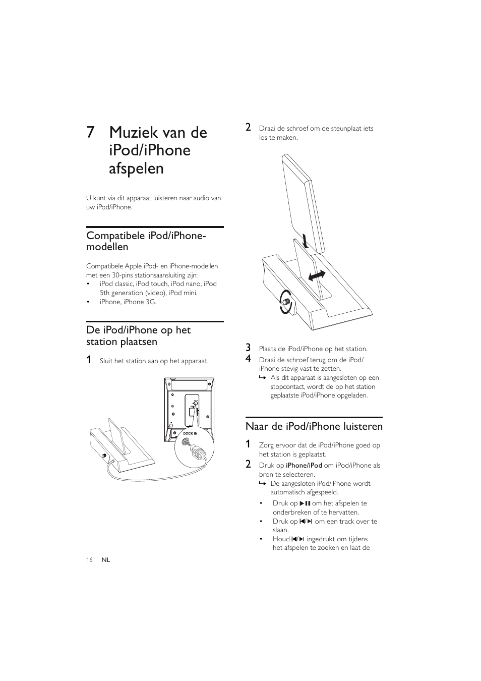 7 muziek van de ipod/iphone afspelen, Compatibele ipod/iphone- modellen, De ipod/iphone op het station plaatsen 1 | Naar de ipod/iphone luisteren 1 | Philips Elegante microcadena User Manual | Page 160 / 192